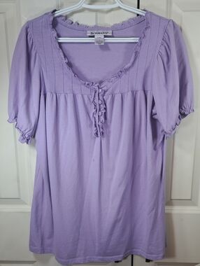 Roaman's Lavender Ruffle-Trim Scoop Neck Short Sleeve Top